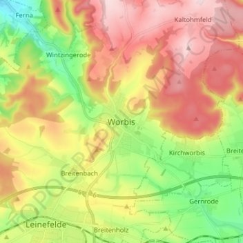 Mapa topográfico Worbis, altitud, relieve