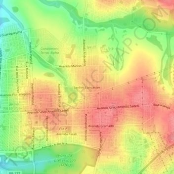 Mapa topográfico Jardim Lancaster, altitud, relieve