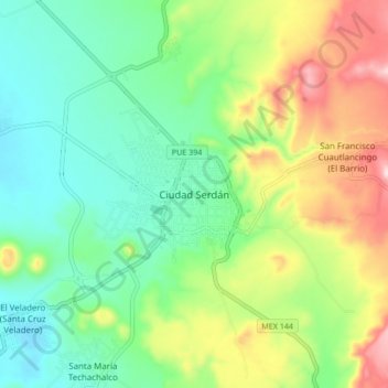 Mapa topográfico Ciudad Serdán, altitud, relieve