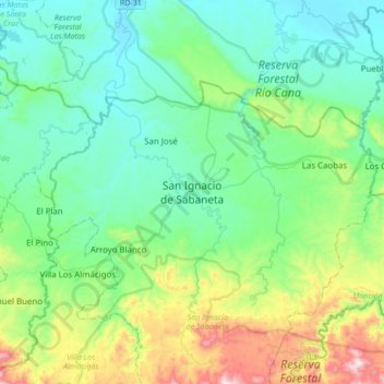Mapa topográfico San Ignacio de Sabaneta, altitud, relieve