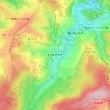 Mapa topográfico Oberzerf, altitud, relieve