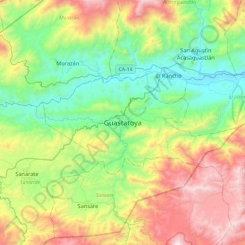 Mapa topográfico Guastatoya, altitud, relieve