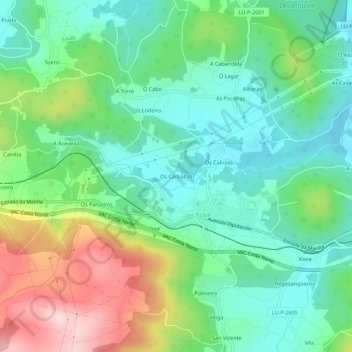 Mapa topográfico Os Carballás, altitud, relieve