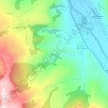 Mapa topográfico Esponzúes, altitud, relieve