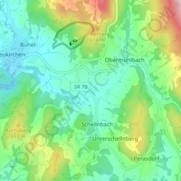 Mapa topográfico Untermühlbach, altitud, relieve
