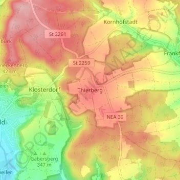 Mapa topográfico Thierberg, altitud, relieve