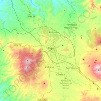 Mapa topográfico Tepic, altitud, relieve