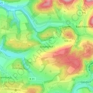 Mapa topográfico Ebbinghof, altitud, relieve