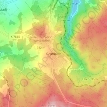 Mapa topográfico Grünbach, altitud, relieve