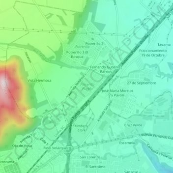 Mapa topográfico Potrerillo Pueblo, altitud, relieve