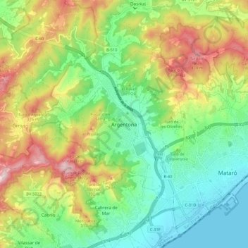 Mapa topográfico Argentona, altitud, relieve