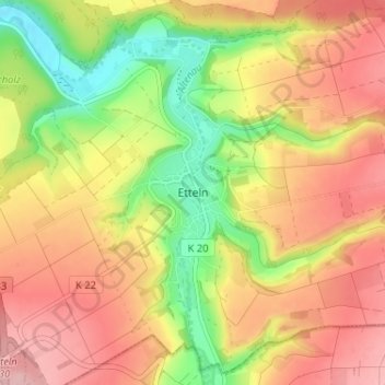 Mapa topográfico Etteln, altitud, relieve