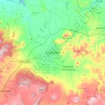 Mapa topográfico Tulancingo, altitud, relieve