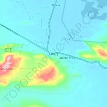 Mapa topográfico Sanare, altitud, relieve