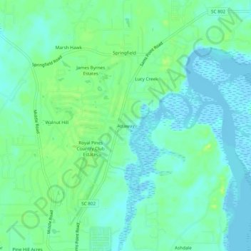 Mapa topográfico Attaway, altitud, relieve