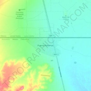 Mapa topográfico Puerto Palomas, altitud, relieve