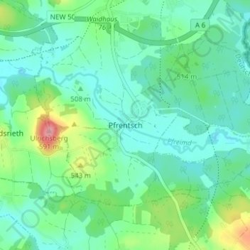 Mapa topográfico Pfrentsch, altitud, relieve