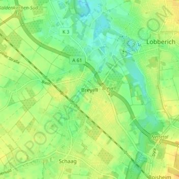 Mapa topográfico Breyell, altitud, relieve