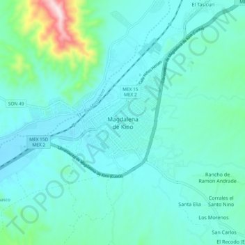 Mapa topográfico Magdalena de Kino, altitud, relieve