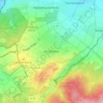 Mapa topográfico Kirchheim, altitud, relieve