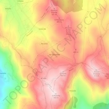 Mapa topográfico As Paxareiras, altitud, relieve