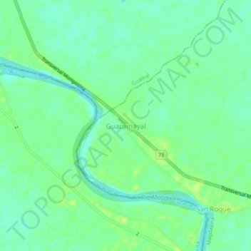 Mapa topográfico Guacamayal, altitud, relieve