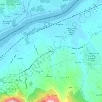 Mapa topográfico Cabreira, altitud, relieve