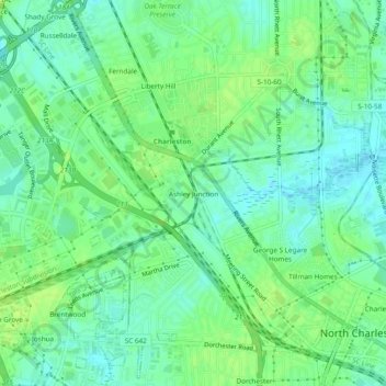 Mapa topográfico Ashley Junction, altitud, relieve