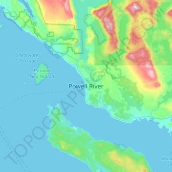 Mapa topográfico Powell River, altitud, relieve