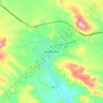 Mapa topográfico Sombrerete, altitud, relieve