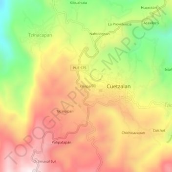 Mapa topográfico Xiliapan, altitud, relieve