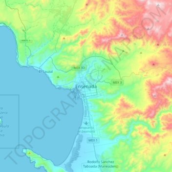 Mapa topográfico Ensenada, altitud, relieve