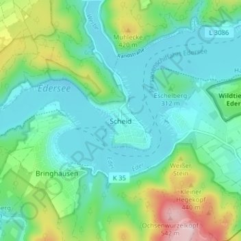 Mapa topográfico Scheid, altitud, relieve