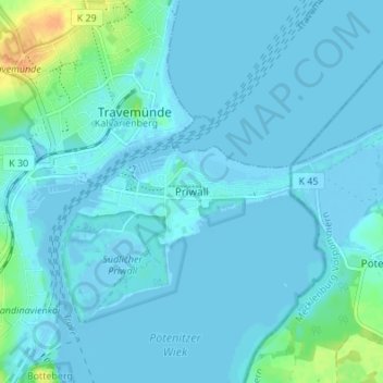 Mapa topográfico Priwall, altitud, relieve