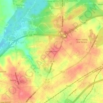 Mapa topográfico Fairfield Arms, altitud, relieve
