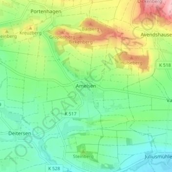 Mapa topográfico Amelsen, altitud, relieve