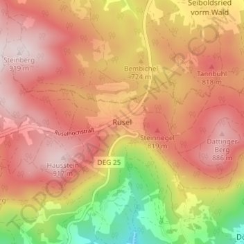 Mapa topográfico Rusel, altitud, relieve