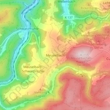 Mapa topográfico Meuselbach, altitud, relieve