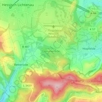 Mapa topográfico Glimmerode, altitud, relieve