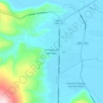 Mapa topográfico Sahuayo de Morelos, altitud, relieve