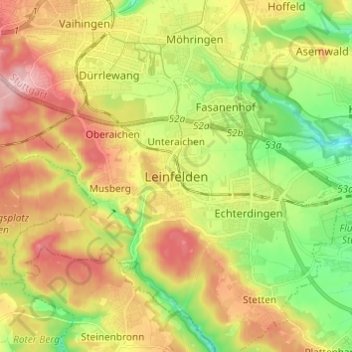 Mapa topográfico Leinfelden, altitud, relieve