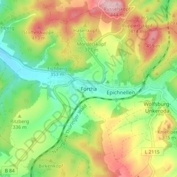 Mapa topográfico Förtha, altitud, relieve