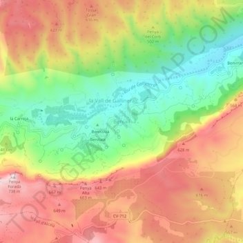 Mapa topográfico Benialí, altitud, relieve