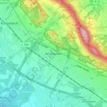 Mapa topográfico Amshausen, altitud, relieve