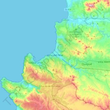Mapa topográfico Viña del Mar, altitud, relieve