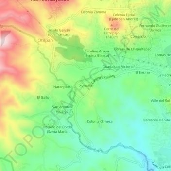 Mapa topográfico Xoloxtla, altitud, relieve