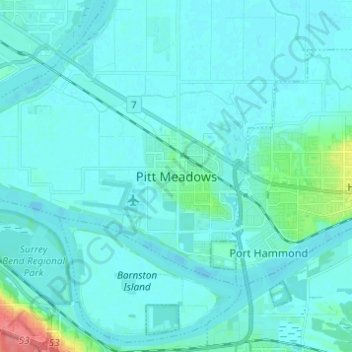 Mapa topográfico Pitt Meadows, altitud, relieve
