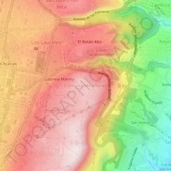 Mapa topográfico Comuna Miraflores, altitud, relieve