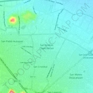 Mapa topográfico San Andres Coexcotitlan, altitud, relieve