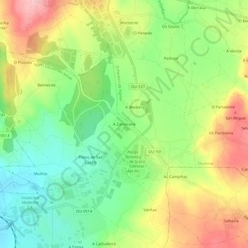 Mapa topográfico A Zamorana, altitud, relieve
